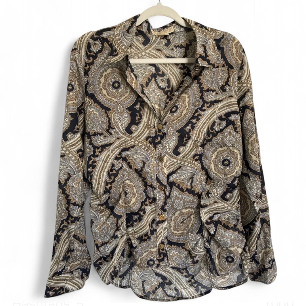 Michael Kors Paisley Print Blouse Black and Cream Cotton SZ Large